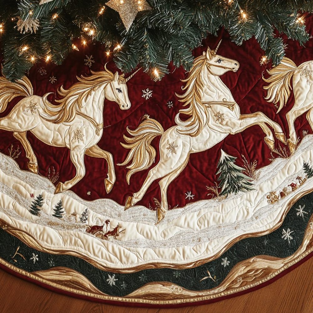 Unicorns In Snow Quilted Tree Skirt — Enchanted Winter Unicorn Scene, Soft Padded Holiday Base Cover For Playful & Magical Christmas Decor