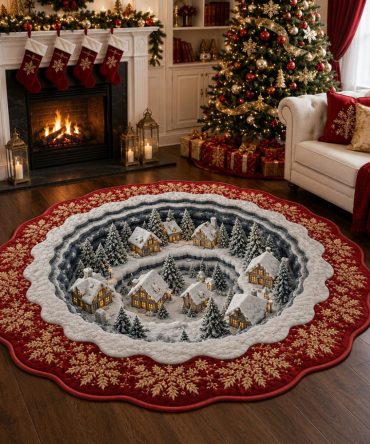 Velvet Gold Village - Lux Holiday Custom-Shaped Area Rug With Gold Accents, Plush Low-Pile, Elegant Festive Decor For Living Room