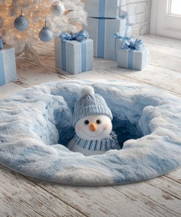 Velvet Snowman Burrow Round Rug — Luxurious Plush Snowman Holiday Carpet For Entryway, Kids Room & Living Areas, Soft & Cozy