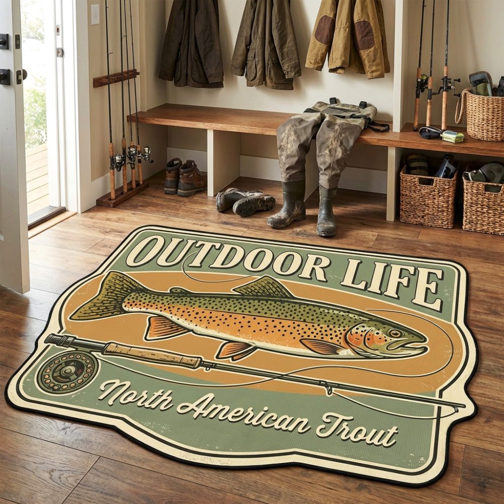 Vintage Trout Custom-Shaped Area Rug — Retro Fish Art Accent Rug, Soft Durable Polyester With Non-Slip Backing For Cabin & Home Decor