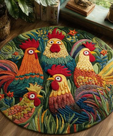 Wacky Feathers Round Rug - Colorful Feathered Chicken Motif, Kid-Friendly Durable Low-Pile Circular Rug, Machine-Cleanable And Stain-Resistant For Busy Homes