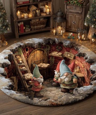 Warm Hearth Gnome Home Round Rug — Cozy Cottage-Style Round Carpet With Hearth & Gnome Design For Rustic Interiors