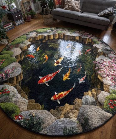 Water Harmony Koi Rug - Serene Round Area Rug With Fluid Koi Pattern, Soft Pile, Non-Slip Backing And Easy Maintenance For Everyday Living