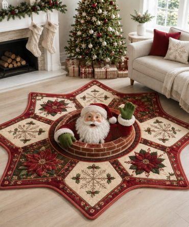 Waving Santa Shaped Area Rug — Joyful Santa Claus Holiday Floor Mat, Plush Comfort, Non-Skid Backing & Easy-Care Cleaning