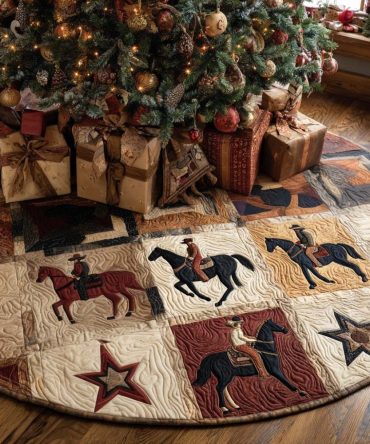 Quilted Western Star Christmas Tree Skirt - Star Pattern Holiday Skirt, Soft Cotton Blend, 48In Round