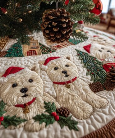 Westie Winter Wonderland Quilted Christmas Tree Skirt — Cute West Highland Terrier Design, Plush Quilting & Festive Holiday Charm