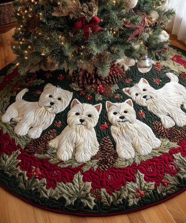 Westie Christmas Cheer Quilted Tree Skirt — Festive Dog Motif Tree Base, Soft Insulated Fabric, Durable Stitching, Machine-Washable & Gift-Ready