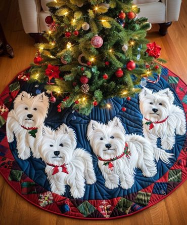 Westie Holiday Quilted Christmas Tree Skirt — Adorable West Highland Terrier Print, Soft Quilted Tree Skirt For Festive Home Decor