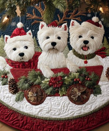 Westie Sleigh Ride Quilted Tree Skirt — Charming West Highland Terrier Christmas Base Cover, Quilted Holiday Decor & Gift Idea