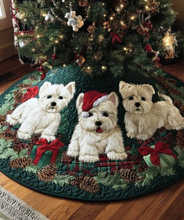 Westie Under The Tree Quilted Holiday Skirt — Charming Dog Motif Tree Base, Soft Insulated Fabric, Machine-Washable, Decorative & Durable