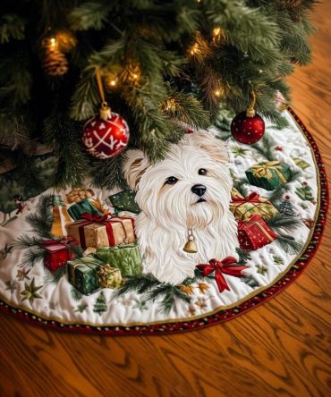 Westie Whispers Quilted Tree Skirt — Charming Westie Embroidered Christmas Tree Cover, Cozy Quilting & Easy Snap Closure