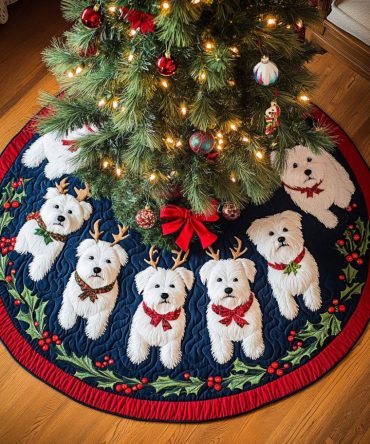 Westie Wonderland Quilted Christmas Tree Skirt — Winter Wonderland West Highland Terrier Print, Soft Quilted Holiday Skirt