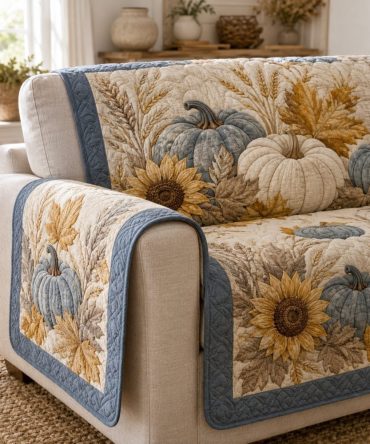 Wheat Pumpkins Quilted Sofa Cover — Autumn Harvest Slipcover For Couch, Reversible, Machine Washable, Non-Slip, Protects Furniture