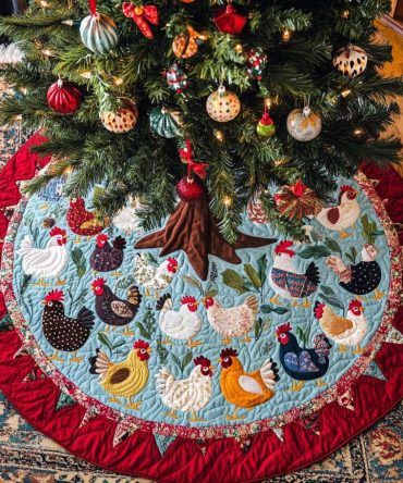 Whimsical Clucks Quilted Tree Skirt — Playful Chicken & Farmhouse Motifs, Soft Quilting & Charming Holiday Base Cover For Country Kitchens