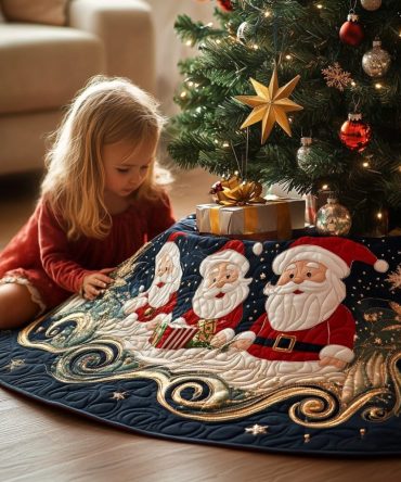 Whimsical Santa Quilted Tree Skirt - Playful Santa Applique, Bright Festive Colors, 48-Inch Family-Friendly Holiday Skirt, Durable Stitching, Easy Care, Gift-Ready
