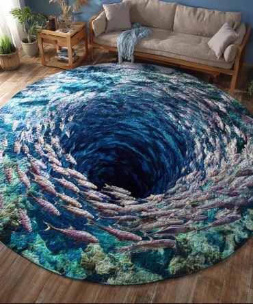 Whirlpool Of Life Coastal Round Rug — Fluid Ocean Spiral Area Rug For Serene Home Decor, Plush Low-Pile, Fade-Resistant & Non-Slip Backing
