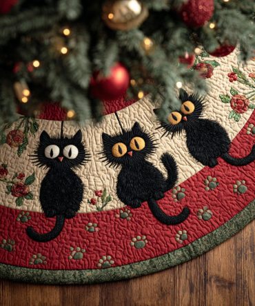Whisker Print Quilted Christmas Tree Skirt - Charming Cat-Themed Holiday Base Cover, Soft Fabric, Easy Care