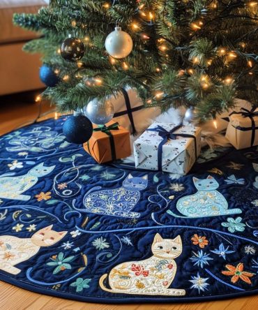 Whisker Whisper Cat Quilted Tree Skirt - 48-Inch Playful Pet-Safe Holiday Base, Durable Cotton, Cute Paw Print