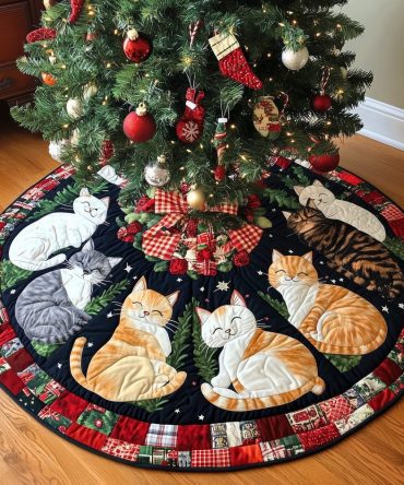 Whisker Wishes Quilted Tree Skirt — Festive Cat Motifs, Cozy Quilting, 48-Inch Round, Non-Slip Backing & Machine Washable