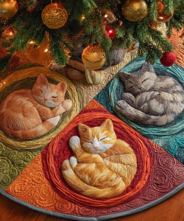 Whisker Wonderland Quilted Cat Christmas Tree Skirt - Charming Kitten Holiday Decor, Plush Backing, Reversible & Easy Care