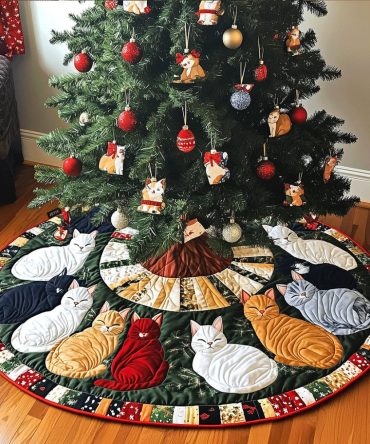 Whiskered Wonders Quilted Tree Skirt — Playful Cat Pattern, Thick Quilting, 48-Inch Round, Durable & Easy-Care Holiday Accent