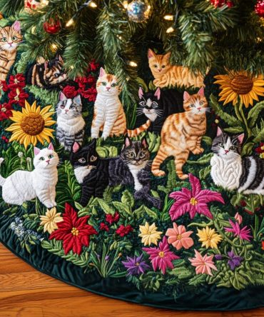 Whiskers & Wildflowers Quilted Tree Skirt — Charming Cat Floral Holiday Base, Cozy Quilted Cotton, Easy-Care, Ideal Gift, Fits Most Tree Sizes