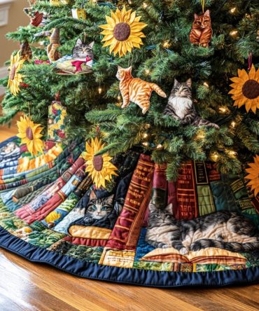 Floral Whiskers Quilted Tree Skirt - Playful Cat & Bloom Design, Soft Cotton Blend, Non-Slip Backing, Cute Holiday Decor For Pet Lovers