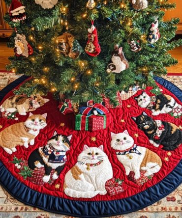 Whiskers In Wonderland Quilted Cat Christmas Tree Skirt - Enchanted Kitty Holiday Skirt, Soft Quilted Winter Décor