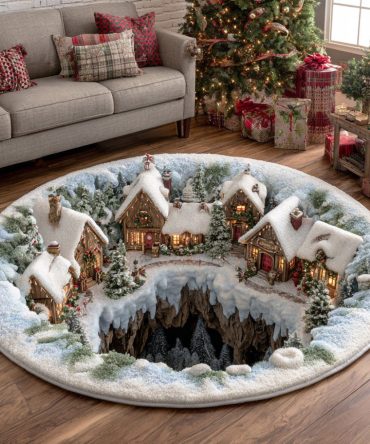 Whispering Pine Snow Plush Round Area Rug — Elegant Winter Pine Forest Circular Rug For Holiday Décor, Entryway, Soft & Durable