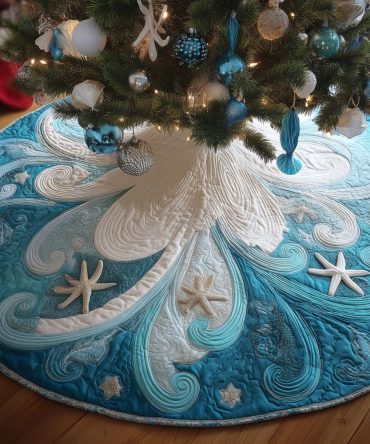 Whispering Waves Quilted Christmas Tree Skirt — Elegant Nautical-Inspired Holiday Base Cover For Coastal Seasonal Decor