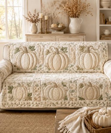 White Pumpkin Harvest Quilted Sofa Cover — Elegant Neutral Pumpkin Slipcover, Protective Couch Throw For Thanksgiving & Cozy Fall Styling