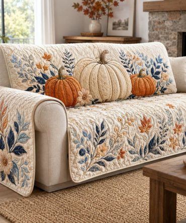 White Pumpkins Quilted Couch Cover - Elegant Fall Sofa Protector With Neutral Gourd Print, Reversible, Machine Washable