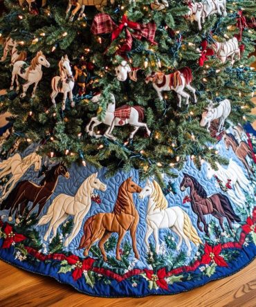 Wild Heart Quilted Christmas Tree Skirt - Equestrian Holiday Décor, Rustic Horse Print, Large Quilted Round Mat For Horse Lovers
