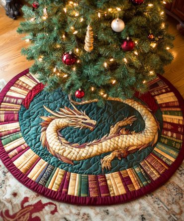 Wings Of Words Quilted Christmas Tree Skirt — Book-Themed Holiday Tree Mat For Bibliophiles, Soft Quilted Home Accent