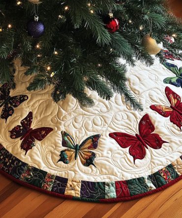 Wings Of The Season Quilted Christmas Tree Skirt - Elegant Winged Holiday Base, Padded Quilting, Durable & Easy To Clean