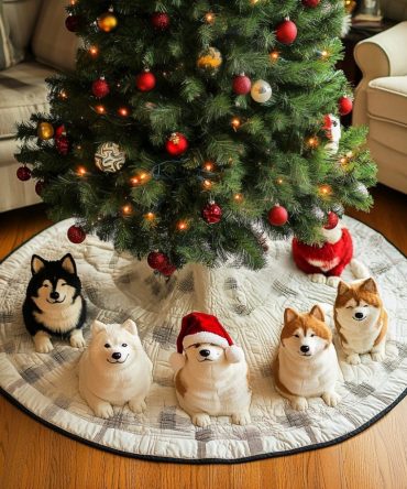 Winter Akita Wonderland Quilted Christmas Tree Skirt — Elegant Dog-Themed Holiday Base Cover With Quilted Texture For Seasonal Styling