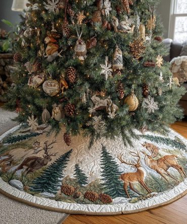 Winter Antlers Quilted Christmas Tree Skirt - Rustic Reindeer Motif Base Cover With Cozy Quilting, Durable & Washable