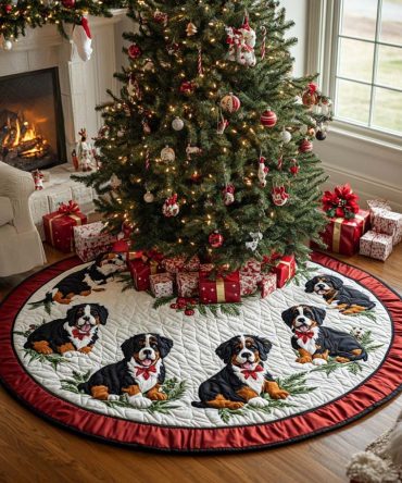 Winter Bernese Quilted Tree Skirt — Cozy Bernese Dog Holiday Base Cover, Soft Plush Mat For Christmas Living Room Décor