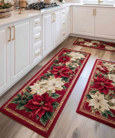 Winter Bloom Kitchen Rug — Floral Holiday Mat, Plush Non-Slip Christmas Runner For Kitchens & Entryways, Machine Washable