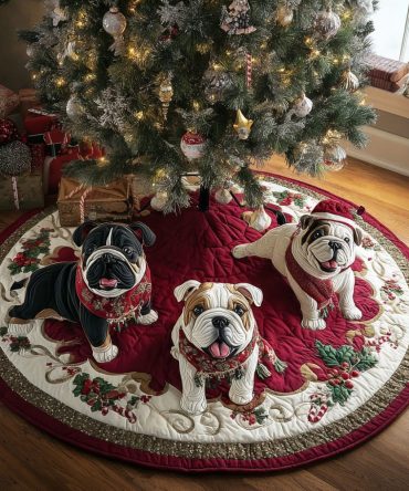 Winter Bulldog Wishes Quilted Tree Skirt — Cozy Bulldog Holiday Skirt, Soft Lined Christmas Decor, Easy-Tie & Machine Washable
