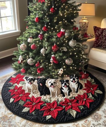 Winter Bulldog Wonderland Quilted Tree Skirt — Cozy Quilted Christmas Skirt With Winter Dog Scene, Durable Fabric & Easy Care