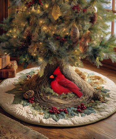 Winter Cardinal Nest Quilted Christmas Tree Skirt — Premium Holiday Tree Base Decor, Soft Quilting, Festive Accent For Home & Gifts