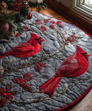 Winter Cardinal Quilted Tree Skirt — 48-Inch Cozy Holiday Base, Snowy Palette With Cardinal Accents, Reversible & Machine Washable