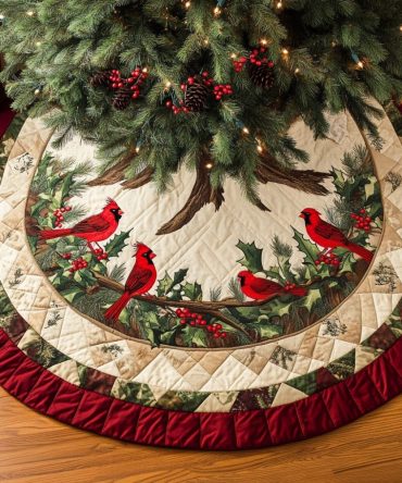 Elegant Quilted Christmas Tree Skirt With Winter Cardinals Design — Charming Holiday Accent, Plush & Ready To Display