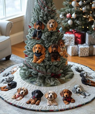 Winter Dachshund Charm Quilted Christmas Tree Skirt - Cozy Seasonal Scene, Durable Quilting & Pet-Friendly Holiday Accent