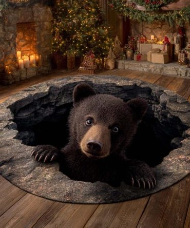 Wild Bear Round Rug — Rustic Animal-Themed Plush Area Rug For Cabin, Kids Room & Entryway , Non-Slip, Durable Pile, Machine-Washable