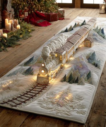 Winter Dreamline Holiday Train Runner Rug — Scenic Snowy Train Hallway Carpet, Soft Low-Pile, Fade-Resistant, Cozy Seasonal Accent