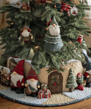Evergreen Gnomes Quilted Christmas Tree Skirt - Rustic Winter Holiday Base Cover With Pine & Gnome Illustrations