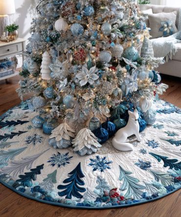 Winter Evergreens Quilted Tree Skirt - Classic Pine-Themed Christmas Base Cover, Soft Quilting, Machine Comfortable