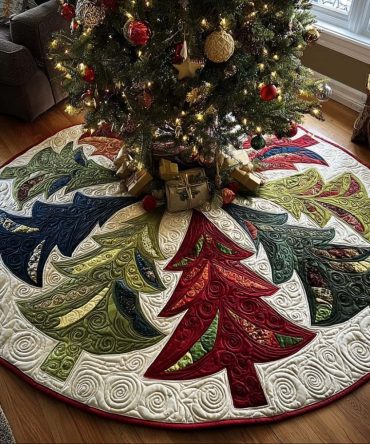 Winter Festival Quilted Christmas Tree Skirt — Colorful Festive Skirt, Durable Stitching, Bright Holiday Accent For Joyful Celebrations